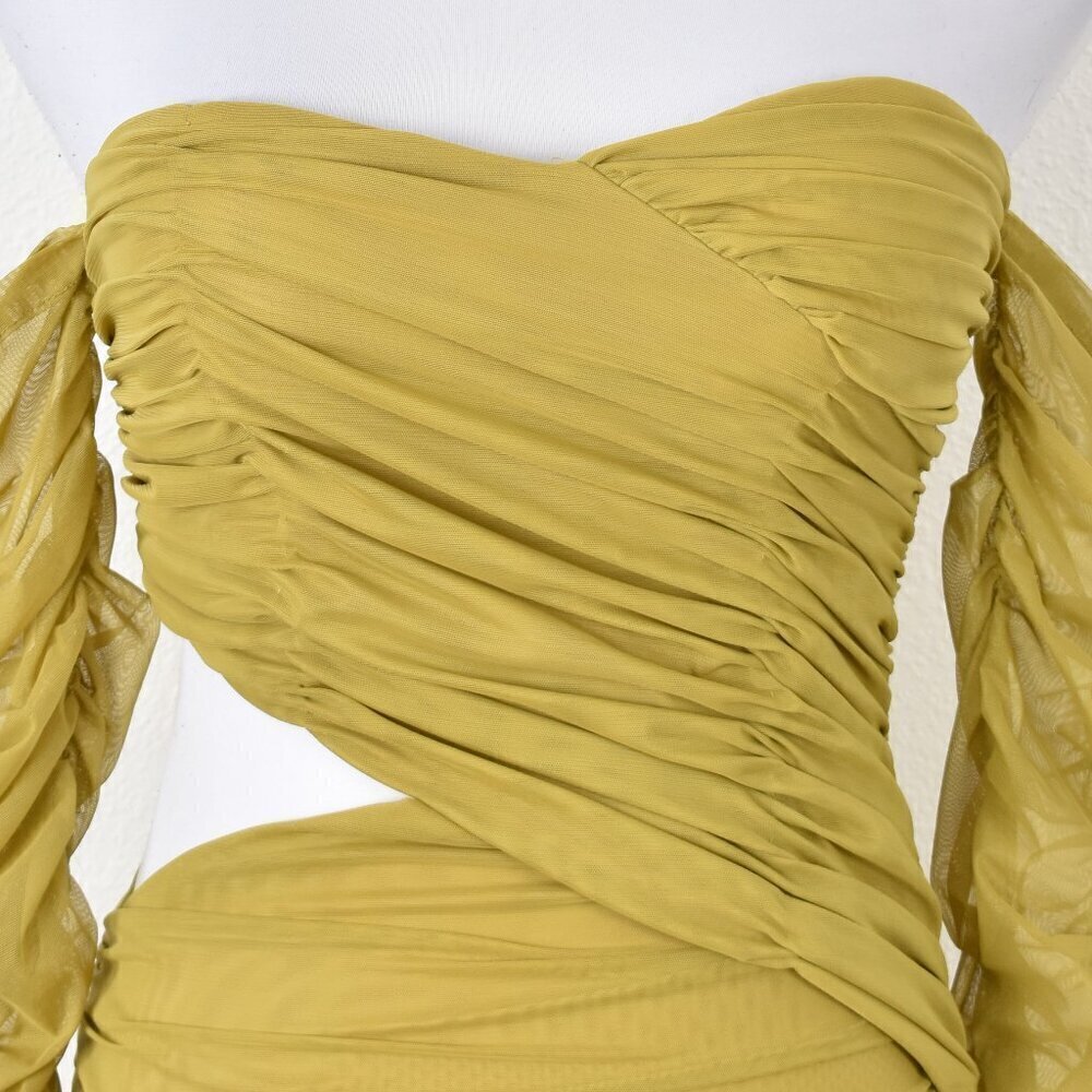 Miss Circle Ruched Chartreuse Cold Shoulder Bodycon Cut Out Dress - M - Picture 2 of 10